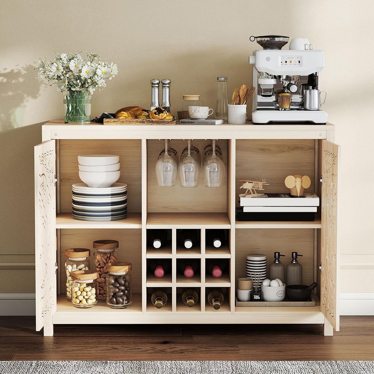 Wood Bar Cabinet with Adjustab - Home Bar And Cabinet 评论和价格